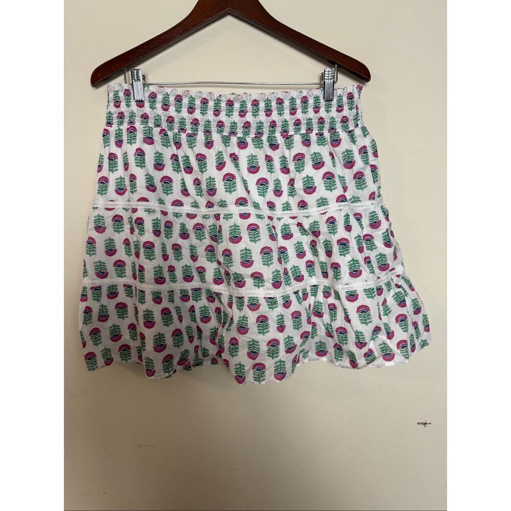 J.Crew BR644 Cotton Smocked Tiered Mini Skirt L Floral Block Print Summer Boho C